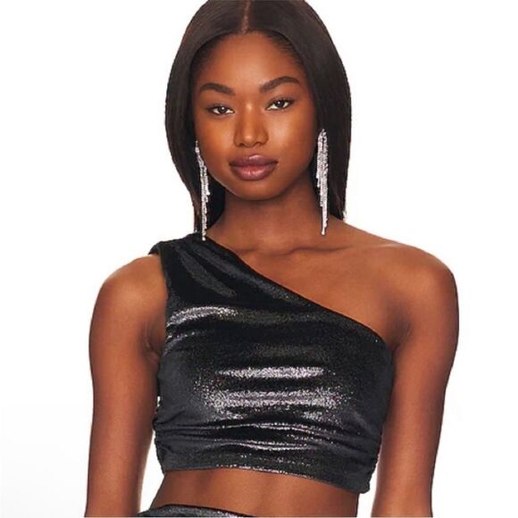 NWT SUSANA MONACO Metallic Black Shimmer One Shoulder Crop Top Medium Revolve - Picture 1 of 13